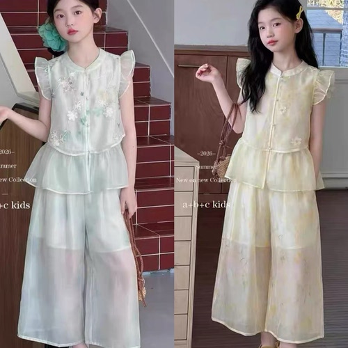 Wooso吾束正版女童新中式国风套装26夏款儿童洋气旗袍汉服两件套