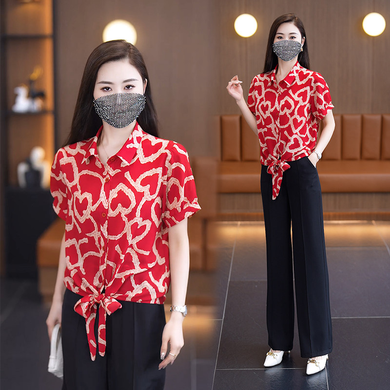 2025夏季新款女短款短袖雪纺衬衫下摆打结花色宽松百搭休闲上衣
