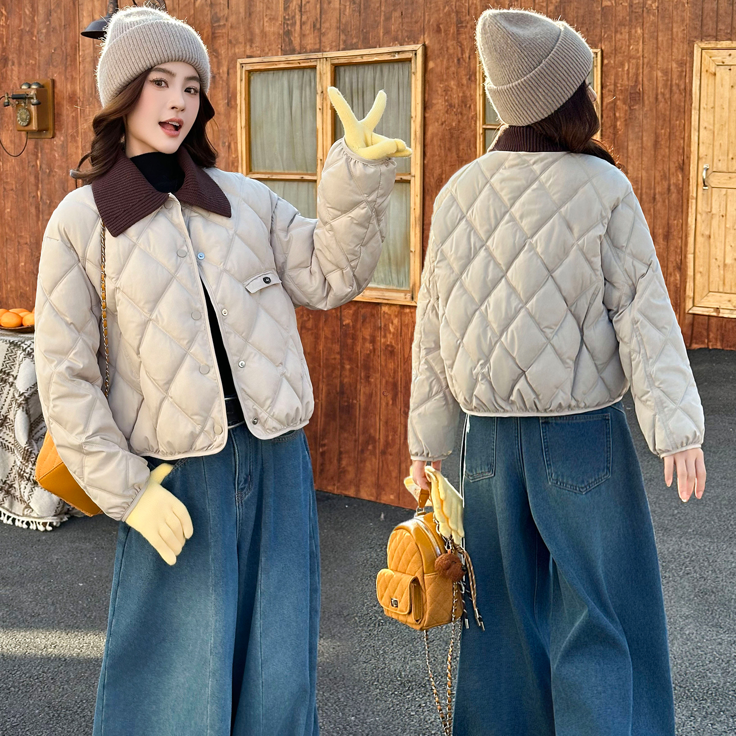 针织翻领菱格羽绒棉棉衣厚外套