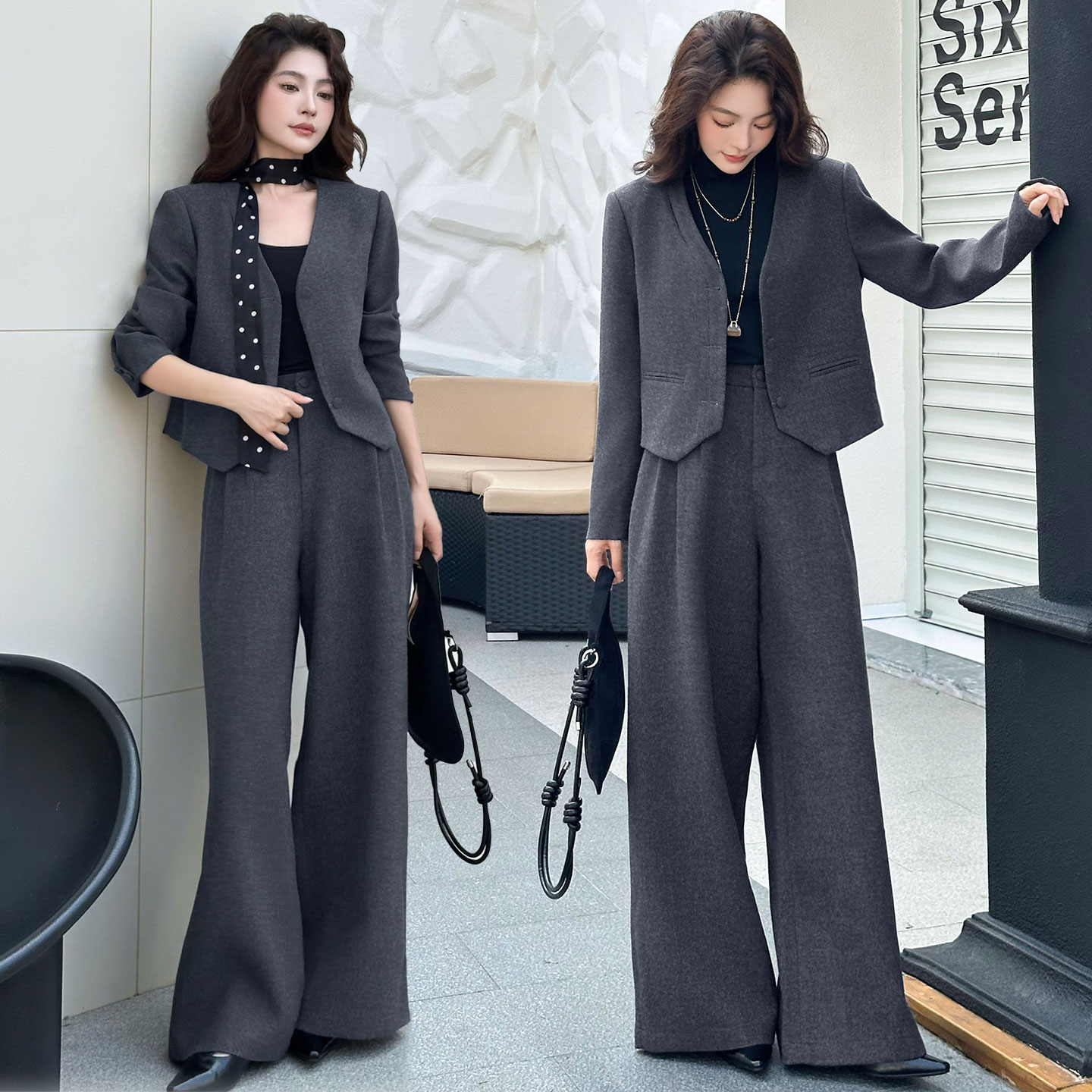 秋季女时尚西服套装V领短款西装外套高腰阔腿长裤两件套2025新款