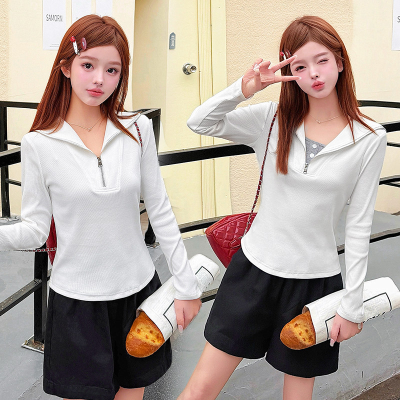 休闲半拉链海军翻领假两件长袖T恤修身显瘦短上衣2026女春季新款