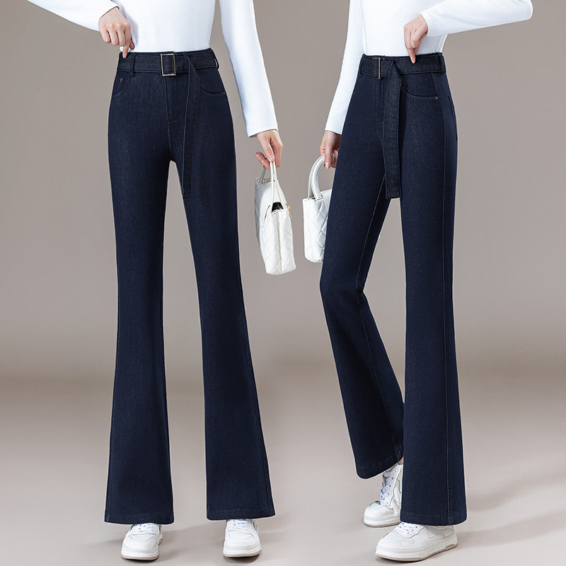 高腰显瘦牛仔微喇裤女春季新款小个子修身九分裤深蓝色长裤2026