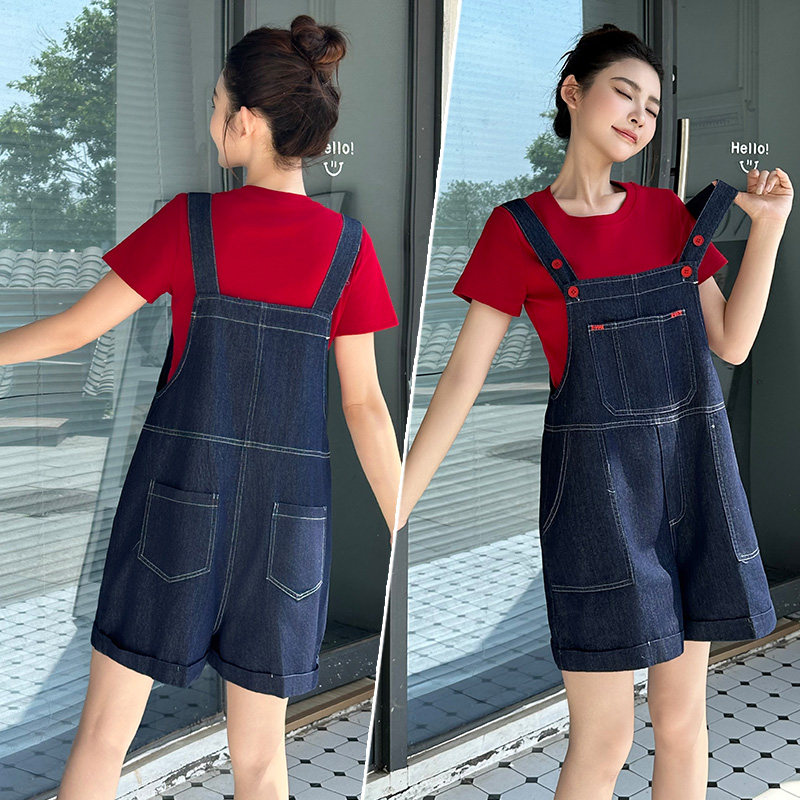 2026夏季新款时尚套装女韩版牛仔阔腿背带短裤+红色短袖T恤两件套