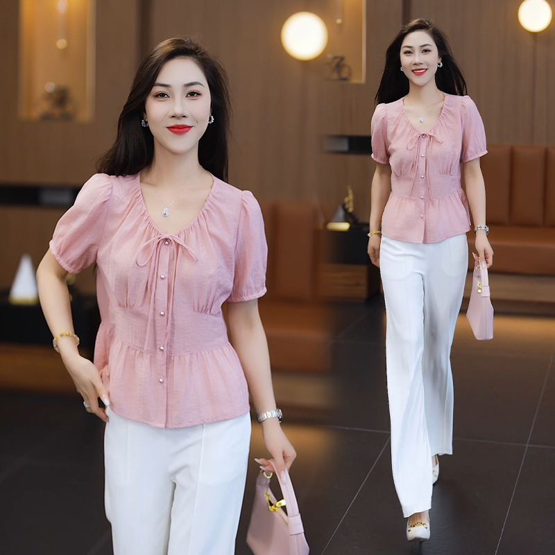 2025夏季新款女抽绳褶皱圆领短袖衬衫纯色百搭收腰显瘦荷叶摆上衣