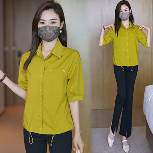 纯棉翻领短袖衬衫下摆松紧收口显瘦遮肉五分袖衬衣2025女夏季新款