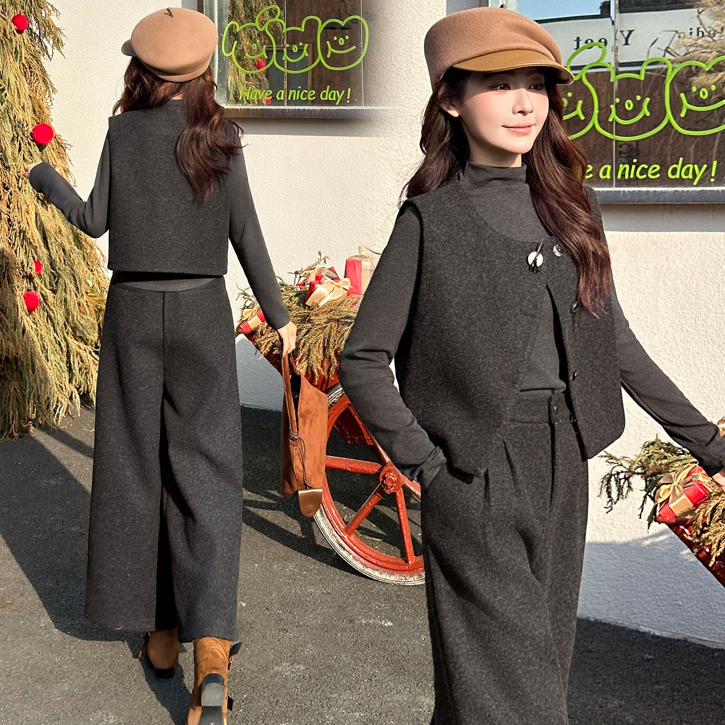 时尚毛呢马甲阔腿裤套装2025女冬季新款加厚圆领背心直筒裤两件套,女装/女士精品,时尚套装,淘宝优惠券,粉丝福利购,淘宝优惠卷