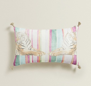 ZaraHome 亚麻流苏手绘风老虎印花靠垫套