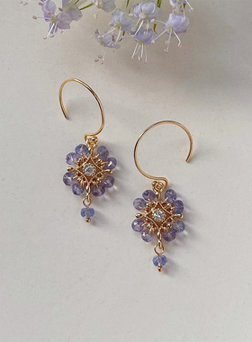 OPs手工原创天然坦桑石水晶长春花蓝紫色花朵美国14K包金耳环耳夹