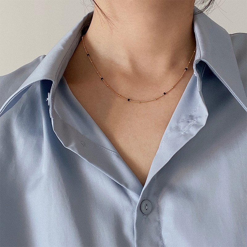 OPs黑尖晶石隔珠美国包金项链