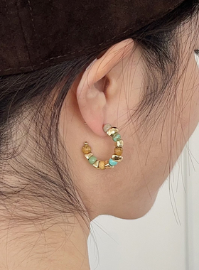 OPs自然复古游牧风小众咖绿色调天然石串珠S925纯银针耳圈耳环