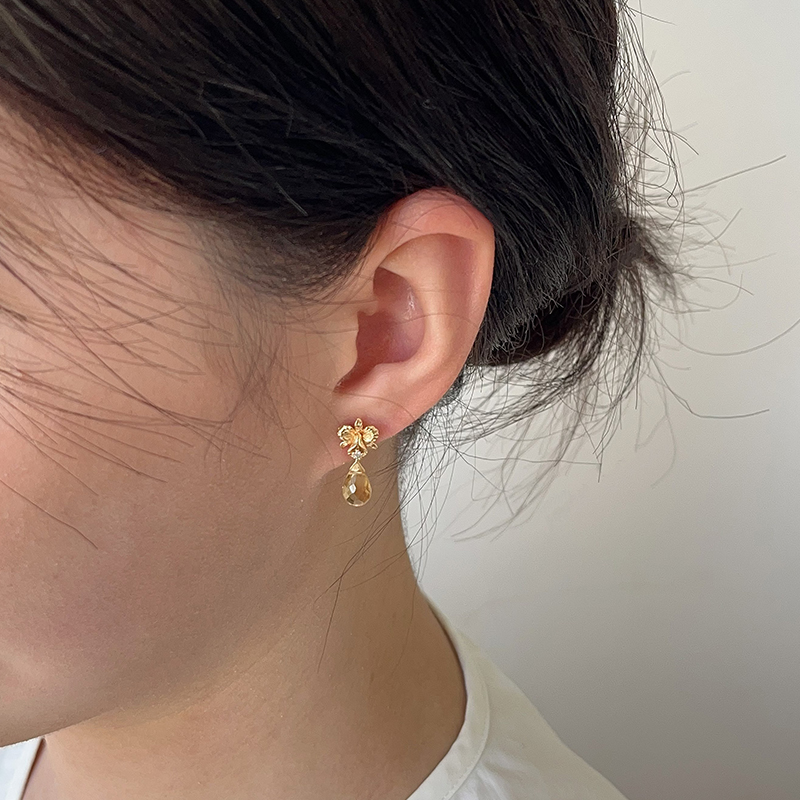 OPs原创手作精致立体鸢尾花天然黄水晶小水滴耳坠纯银针耳环/耳夹