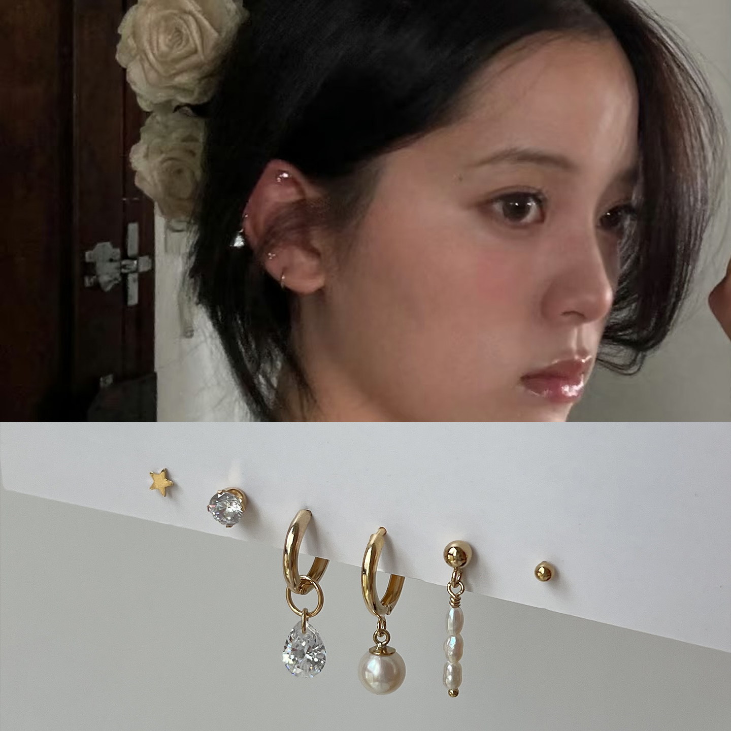 OPs高版本美国14K包金欧阳娜娜水滴锆石小珍珠耳圈多耳洞耳钉免摘