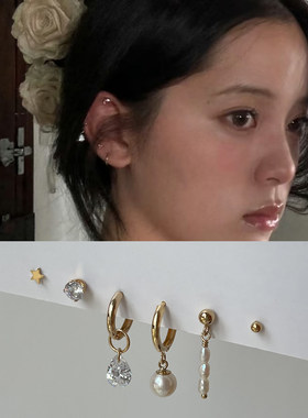 OPs高版本美国14K包金欧阳娜娜水滴锆石小珍珠耳圈多耳洞耳钉免摘