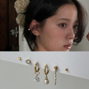 本美国14K包金欧阳娜娜水滴锆石小珍珠耳圈多耳洞耳钉免摘 OPs高版