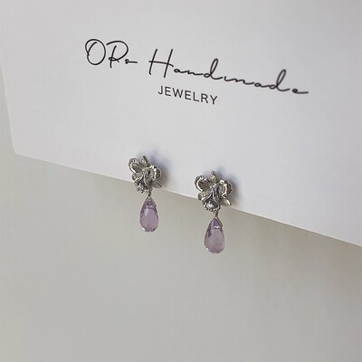 OPs手作天然薰衣草紫水晶小水滴鸢尾花纯银针耳钉耳环/无耳洞耳夹