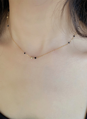 OPs夜之繁星闪亮黑尖晶磨砂转运珠美国14K包金纯银气质锁骨项链女