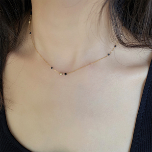 OPs夜之繁星闪亮黑尖晶磨砂转运珠美国14K包金纯银气质锁骨项链女