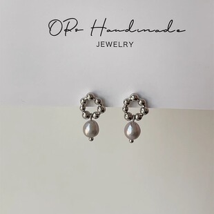OPs简约高级金属泡泡真多麻灰天然淡水水滴珍珠银针耳钉耳环/耳夹