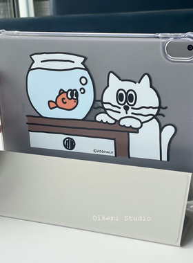 韩国ins小众设计趣味猫咪和鱼带笔槽ipad2025平板电脑保护壳支架air4/5/6适用苹果ipad7/8/9保护皮套防摔软壳