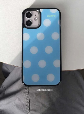 韩国ins小众博主同款古早蓝色大波点黑边壳适用iphone16promax/15pro苹果13/12/11/14pro手机保护套