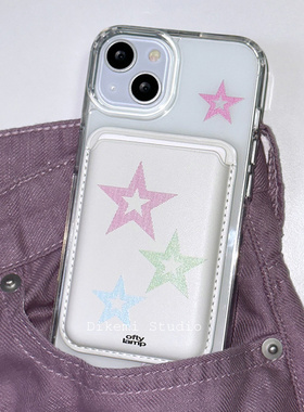 韩国ins小众辣妹彩色五角星magsafe磁吸手机壳白色皮质卡包适用于iPhone15pro/14promax苹果13/12手机保护套