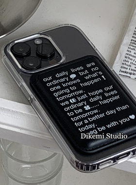 韩国ins小众设计黑色冷淡风英文磁吸手机壳皮质卡包适用于iPhone14pro/13promax苹果14/13全包12防摔保护套