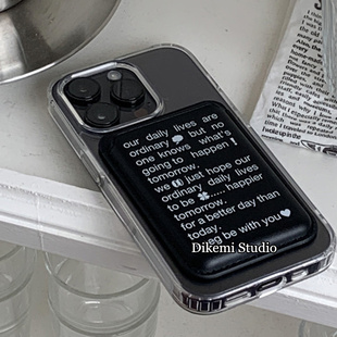 13promax苹果14 韩国ins小众设计黑色冷淡风英文磁吸手机壳皮质卡包适用于iPhone14pro 13全包12防摔保护套