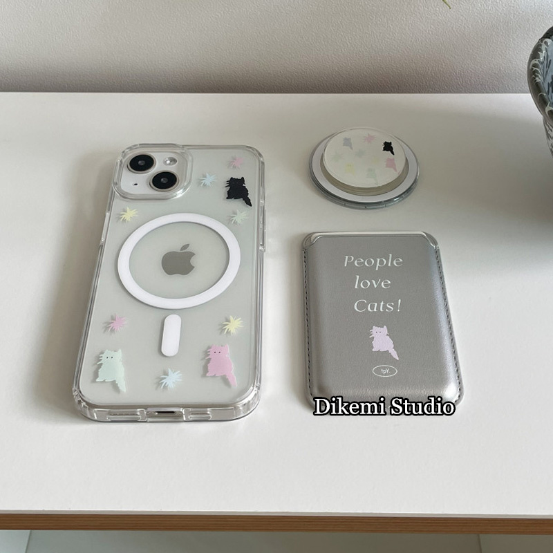 韩国ins小众插画粉彩猫咪磁吸16手机壳皮质卡包适用于iPhone15pro/14promax苹果14/13全包12手机保护套