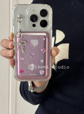 韩国ins甜美少女心蝴蝶结挂件16磁吸手机壳彩色宝石印花皮质卡包适用于iPhone15pro/16promax苹果17/12保护套