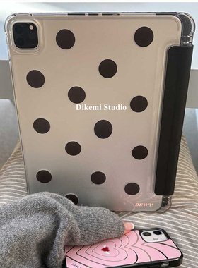 韩国ins小众古早风满屏黑波点带笔槽ipad11/10/9平板电脑保护壳支架air7/5/6适用苹果ipadA16/M3保护皮套防摔