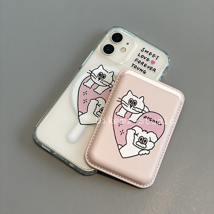 韩国ins小众甜美粉爱心猫咪磁吸手机壳皮质卡包适用于iPhone16pro/15promax苹果13/14手机保护套