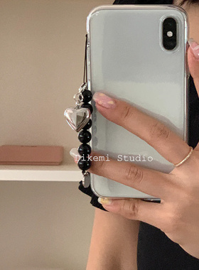 韩系ins小众简约百搭黑色串珠爱心吊坠手机绳钥匙扣airpods挂件