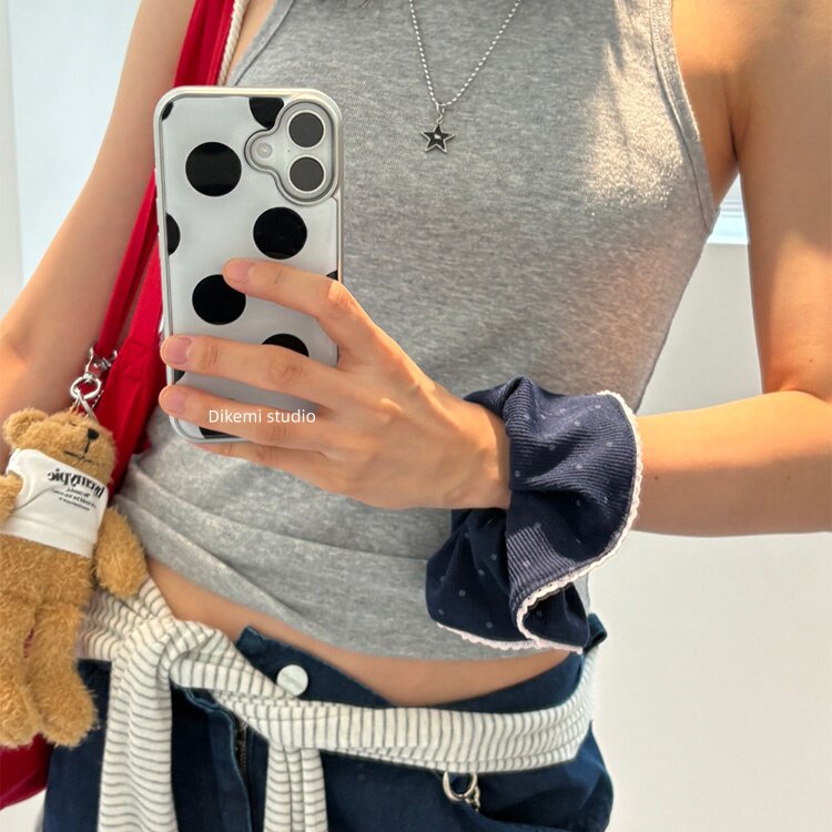韩国ins小众欧尼同款古早经典黑白大波点电镀银边壳适用iphone16promax苹果17promax1/3/12/15pro手机保护套