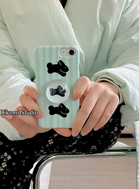 韩国ins小众设计甜酷绿色条纹可爱黑兔子14菲林壳适用iphone14pro/13promax苹果15/12/11个性XSMAX手机保护套