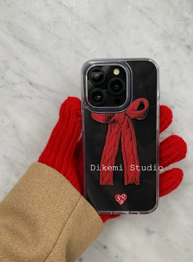 韩国ins风小众甜美新年复古红色蝴蝶结软壳适用于iphone16pro/15promax苹果17/13/14全包手机保护套透明