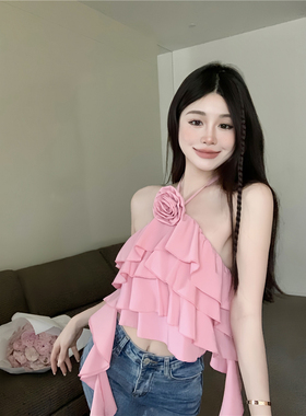 纯欲挂脖吊带小背心女外穿夏季别致荷叶边法式甜辣风超仙内搭上衣