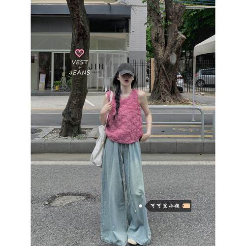 法式立体花朵圆领背心无袖小衫女