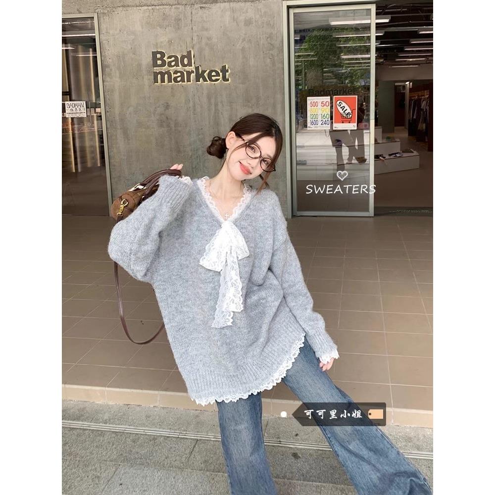 蕾丝蝴蝶结拼接宽松长袖毛衣女装2025秋季慵懒风针织衫中长款上衣