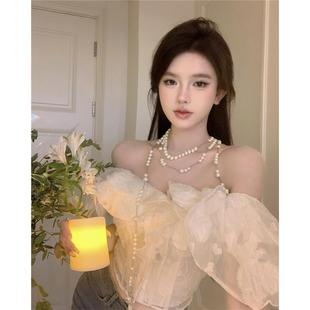 上衣 甜辣妹鱼骨短袖 T恤女装 夏季 纯欲网纱气质荷叶边性感收腰短款