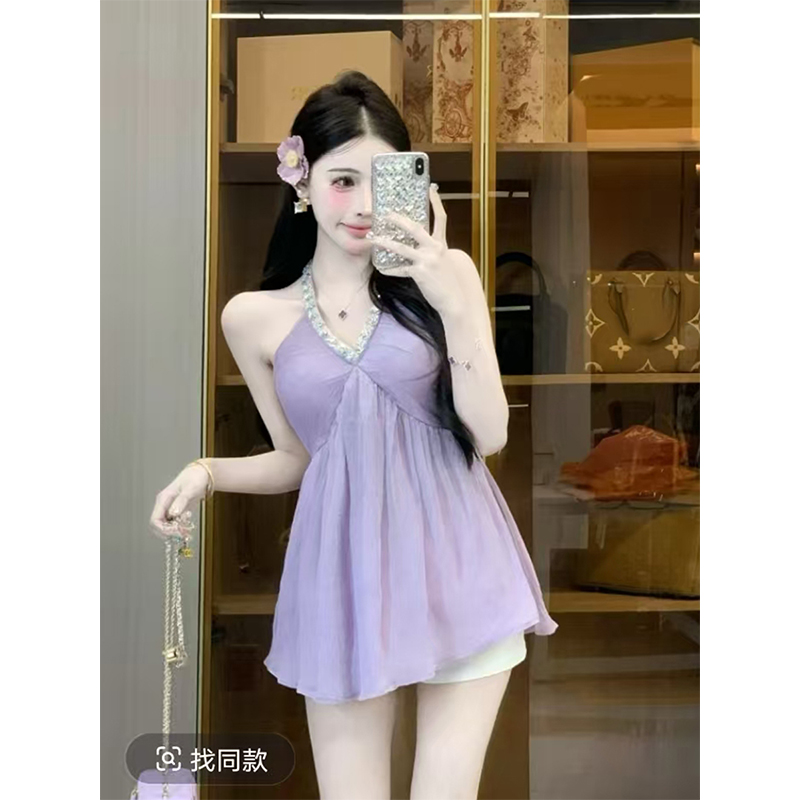 闪钻夏季新款修身显瘦挂脖吊带女