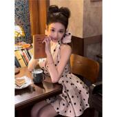 韩范波点挂脖连衣裙女夏季 裙子甜辣绝美别致短裙潮 千金大小姐新款