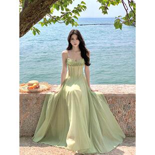 绝美绿色显白吊带收腰长裙夏季 清纯系掐腰连衣裙仙气飘飘海边度假