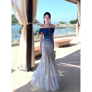 一字肩渐变色网纱连衣裙长款 包臀鱼尾裙海岛拍照绝美长裙海边度假