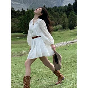 法式白色长袖连衣裙子女春夏2026新款小个子西北新疆旅游度假短裙