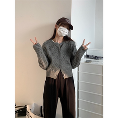 麻花开衫毛衣女外套秋冬内搭学院风灰色红色针织衫小个子短款上衣