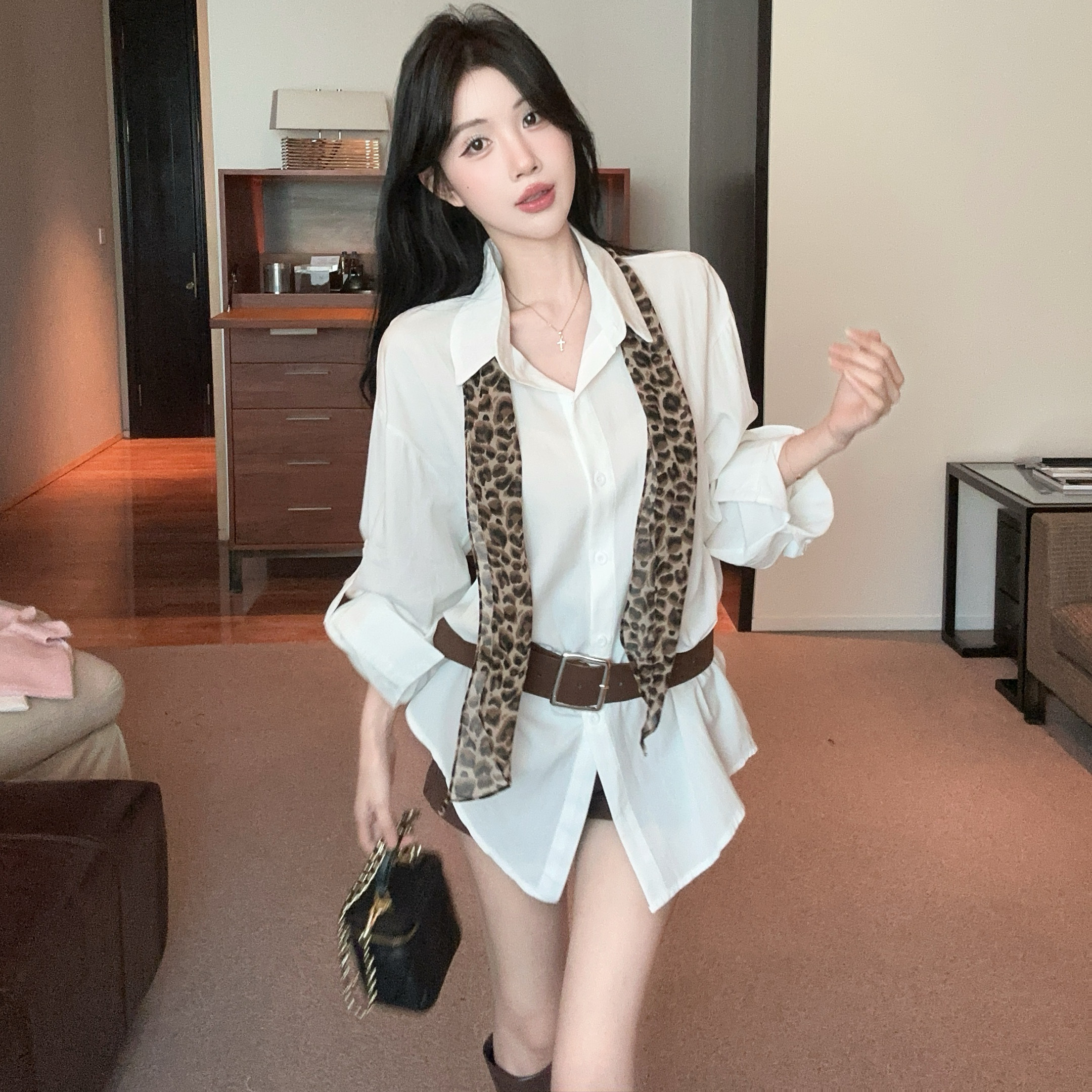 不规则豹纹领带衬衫女秋季设计感