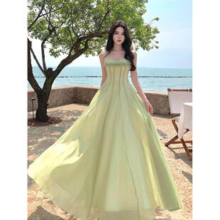 法式 气质长裙 绝美海边度假沙滩裙薄荷曼波绿色吊带连衣裙收腰修身