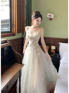 法式吊带晚礼服女香槟色宴会性感气质名媛轻奢生日宴会礼服长裙子