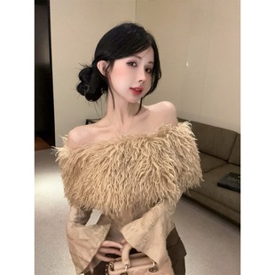 内搭高级感毛衣 女秋冬纯欲辣妹一字肩上衣打底衫 喇叭袖 毛毛针织衫