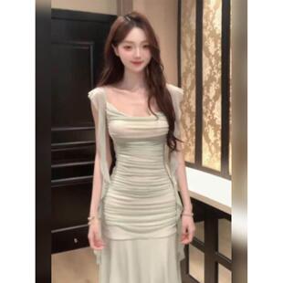 度假风纯欲性感修身 连衣裙女夏季 包臀长裙 绝美绿色网纱小飞袖 法式